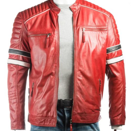 Men’s Red Racing Biker Style Leather Jacket