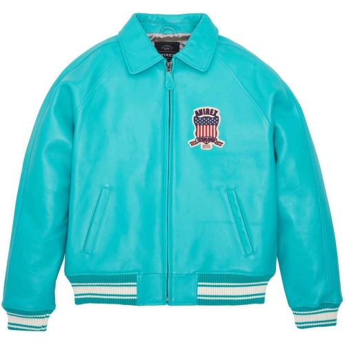 Mens-Avirex-Icon-Turquoise-Leather-Bomber-Jacket-Vintage-Front