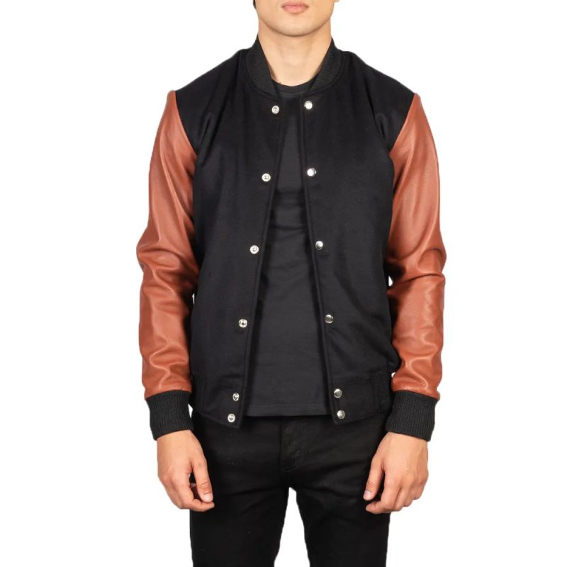 Mens Black And Brown Varsity Jacket Front