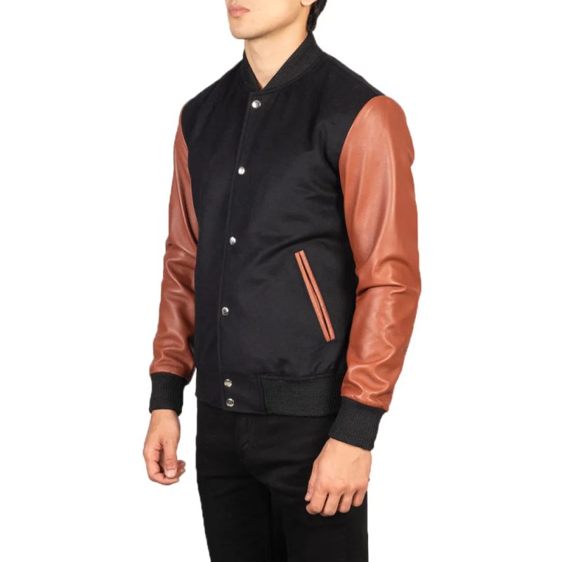 Mens Black And Brown Varsity Jacket Left