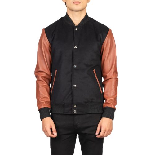 Mens-Black-And-Brown-Varsity-Jacket-Model