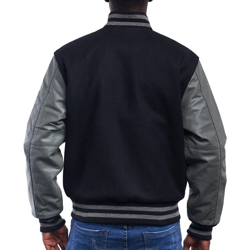 Mens Black And Grey Varsity Jacket Back