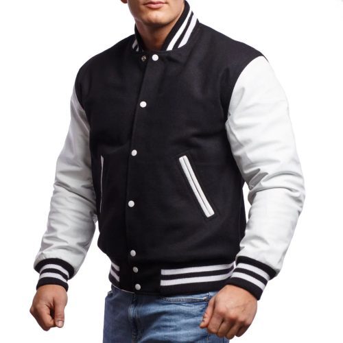 Mens Black And White Leather Varsity Jacket