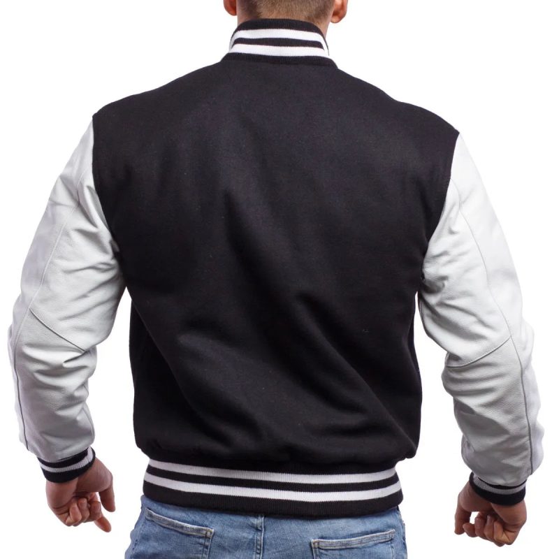 Mens Black And White Leather Varsity Jacket Back