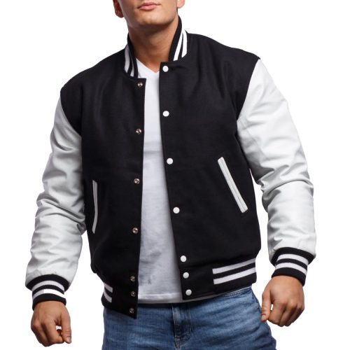 Mens Black And White Leather Varsity Jacket Model