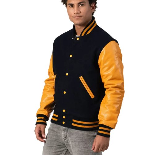 Mens Black and Yellow Varsity Jacket Model