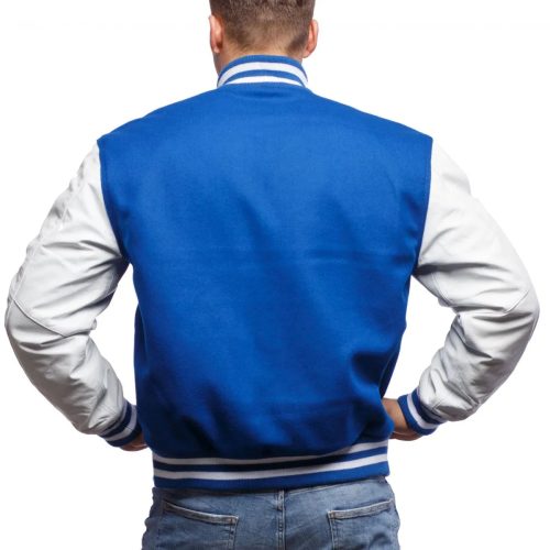 Mens Blue and White Varsity Jacket Back