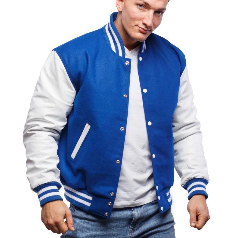 Mens Blue and White Varsity Jacket Model