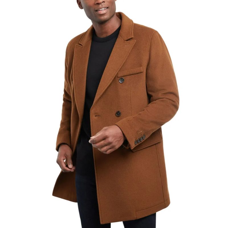 Mens Brown Double Breasted Wool Coat Model