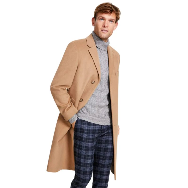 Mens Camel Wool Blend Coat Model