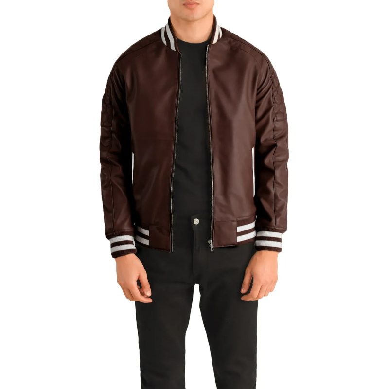 Mens Maroon Leather Varsity Jacket Model