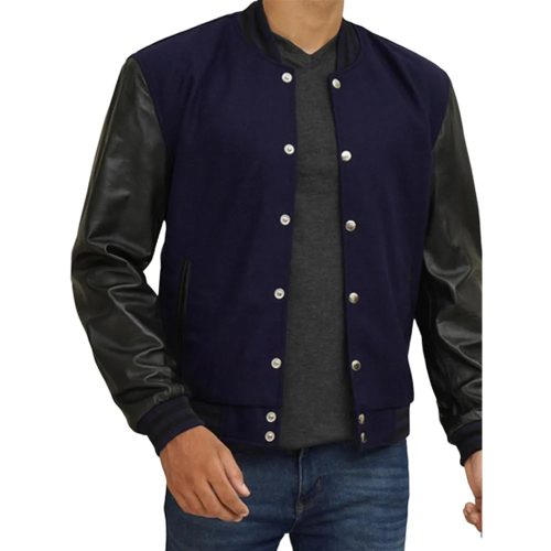 Mens Navy Blue And Black Varsity Jacket