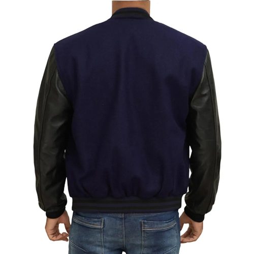 Mens Navy Blue And Black Varsity Jacket Back