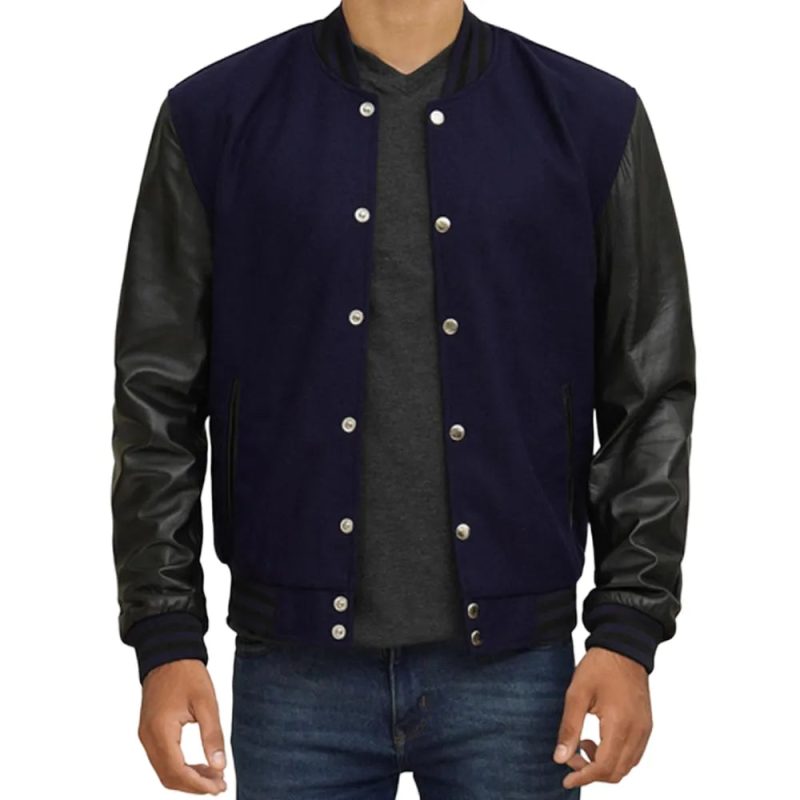 Mens-Navy-Blue-And-Black-Varsity-Jacket-Front