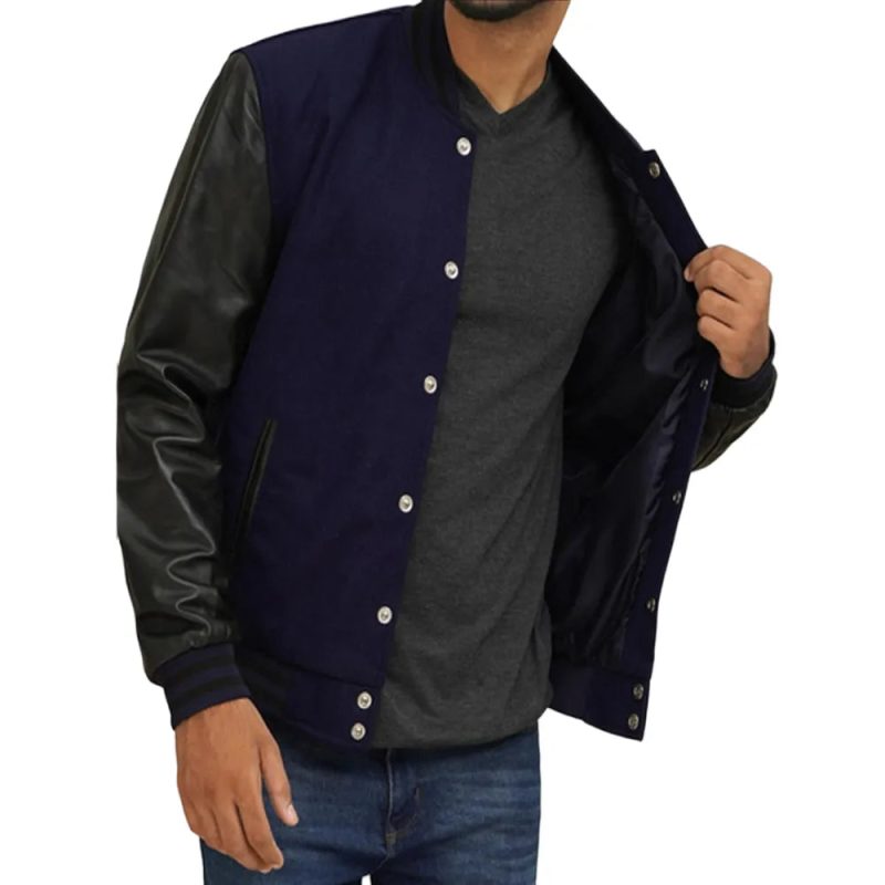 Mens Navy Blue And Black Varsity Jacket Model