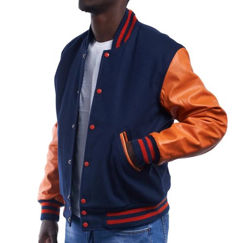 Mens Navy Blue and Orange Varsity Jacket Model