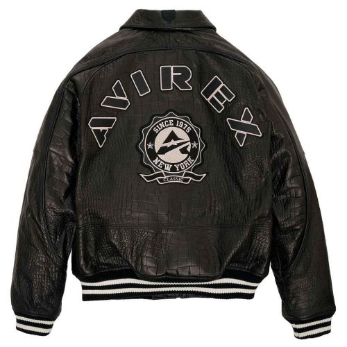 MensBlackAvirexCrocEmbossedMilitaryLeatherJacket 3