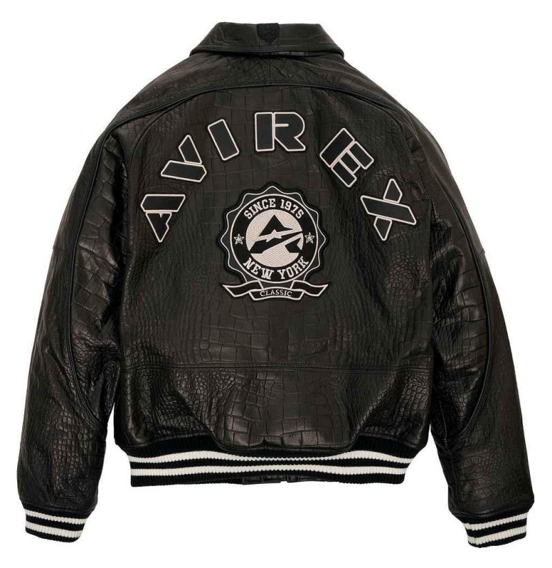 MensBlackAvirexCrocEmbossedMilitaryLeatherJacket 3