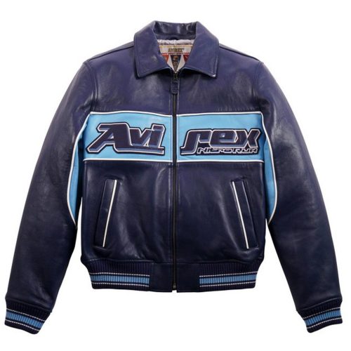 Mens Blue Avirex Nitro Run Varsity Leather Jacket