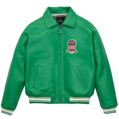 Mens Green Avirex Leather Bomber Jacket-4