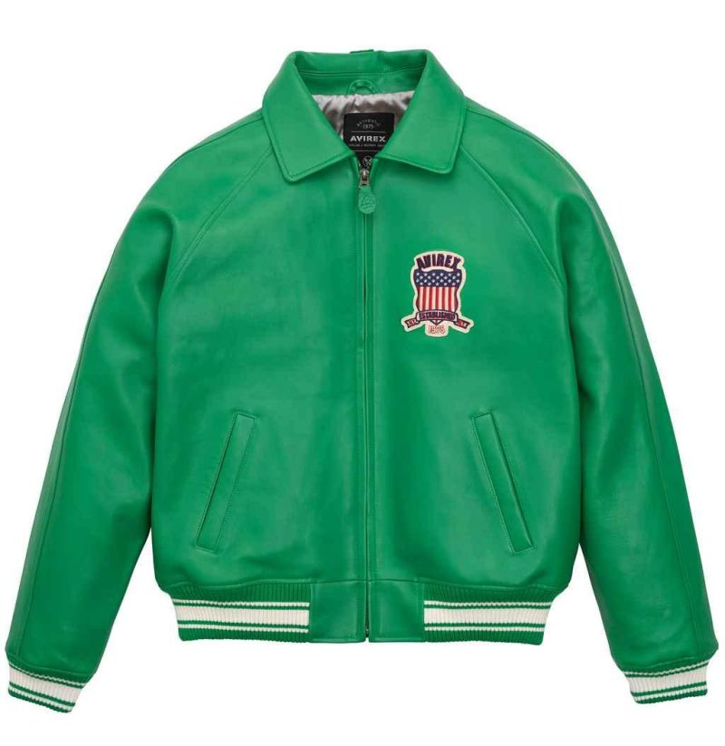 Mens Green Avirex Leather Bomber Jacket-4