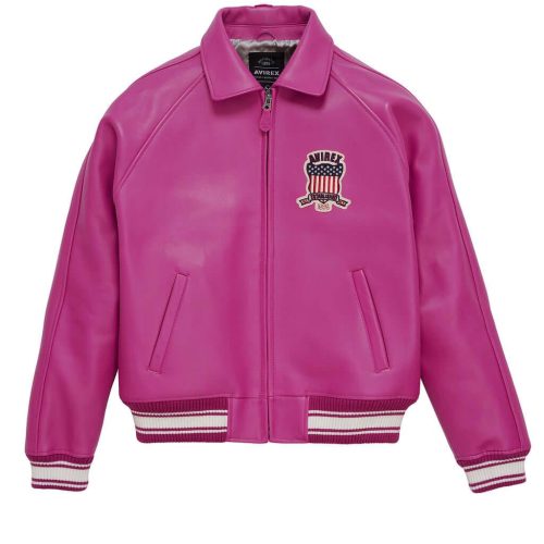 Mens Pink Avirex Leather Bomber Jacket-1