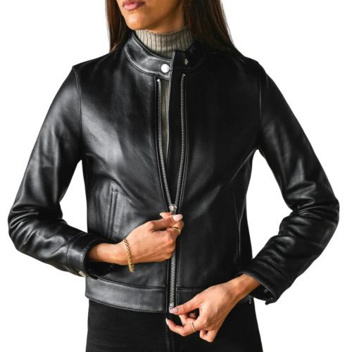 Womens Black Cafe Racer Leather Jacket Front