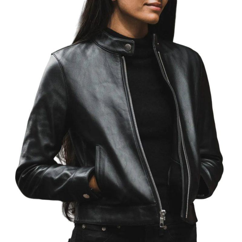 Womens Black Cafe Racer Leather Jacket Model