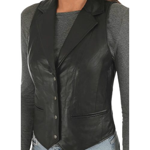 Womens Black Classic Leather Vest Front