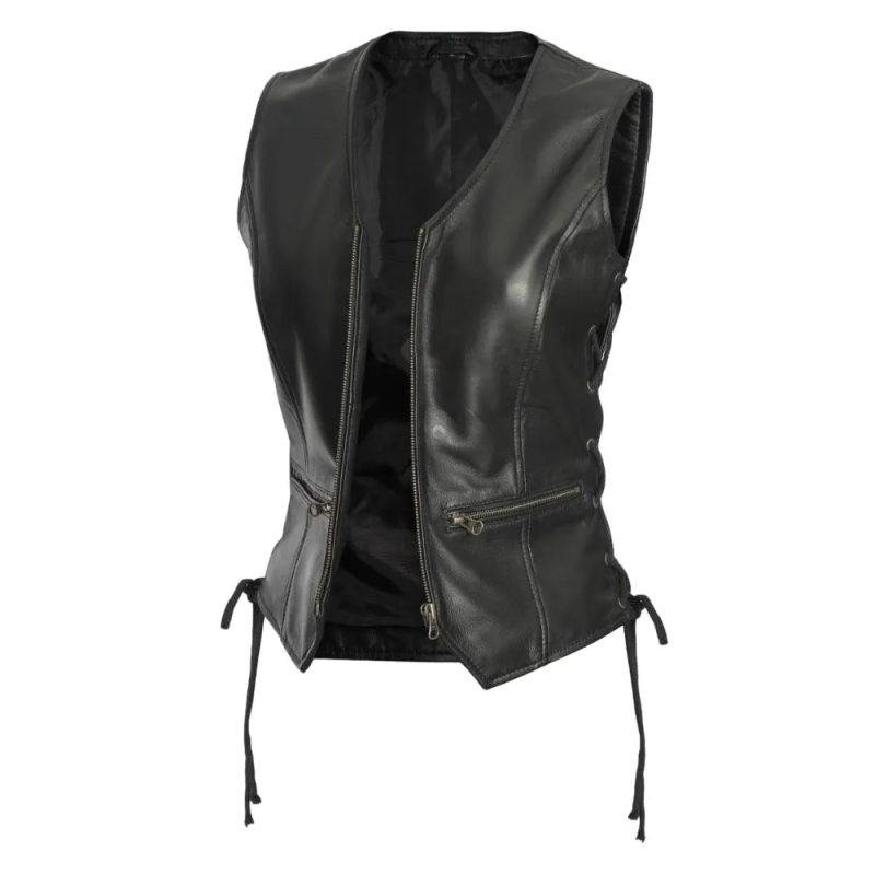 Womens Black Leather Zipper Vest