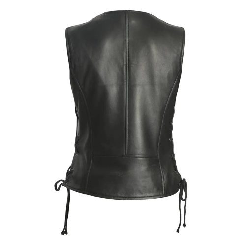 Womens Black Leather Zipper Vest Back