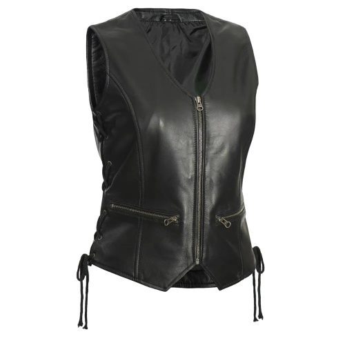 Womens Black Leather Zipper Vest Front