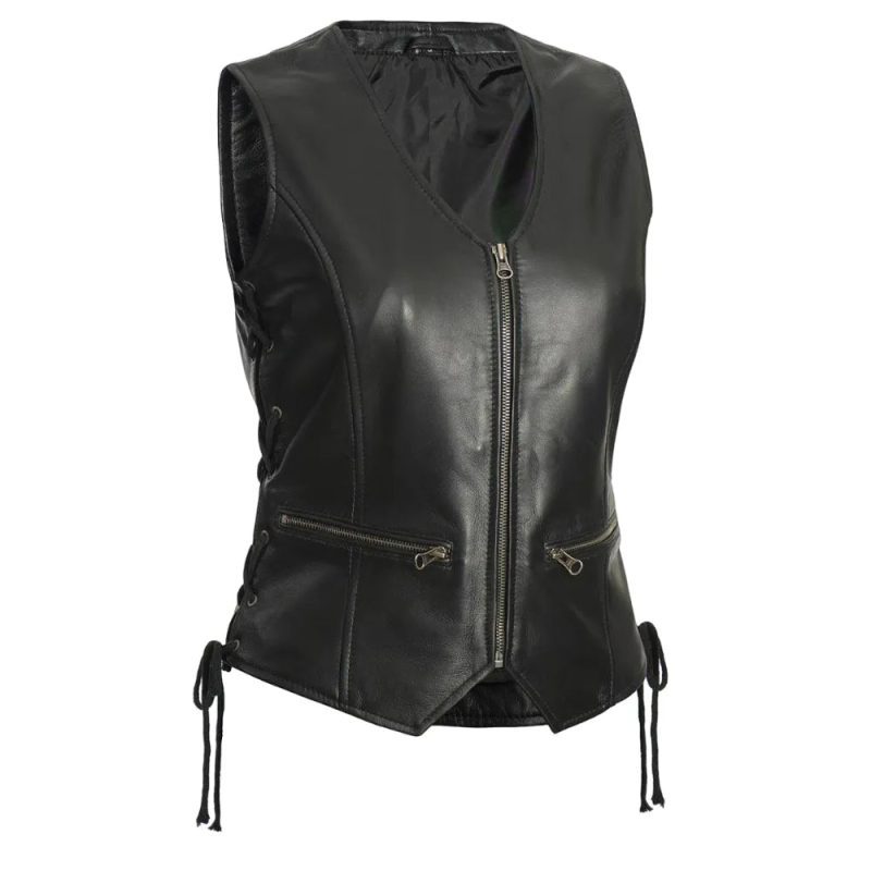 Womens Black Leather Zipper Vest Front