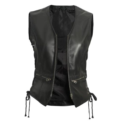 Womens-Black-Leather-Zipper-Vest-Open