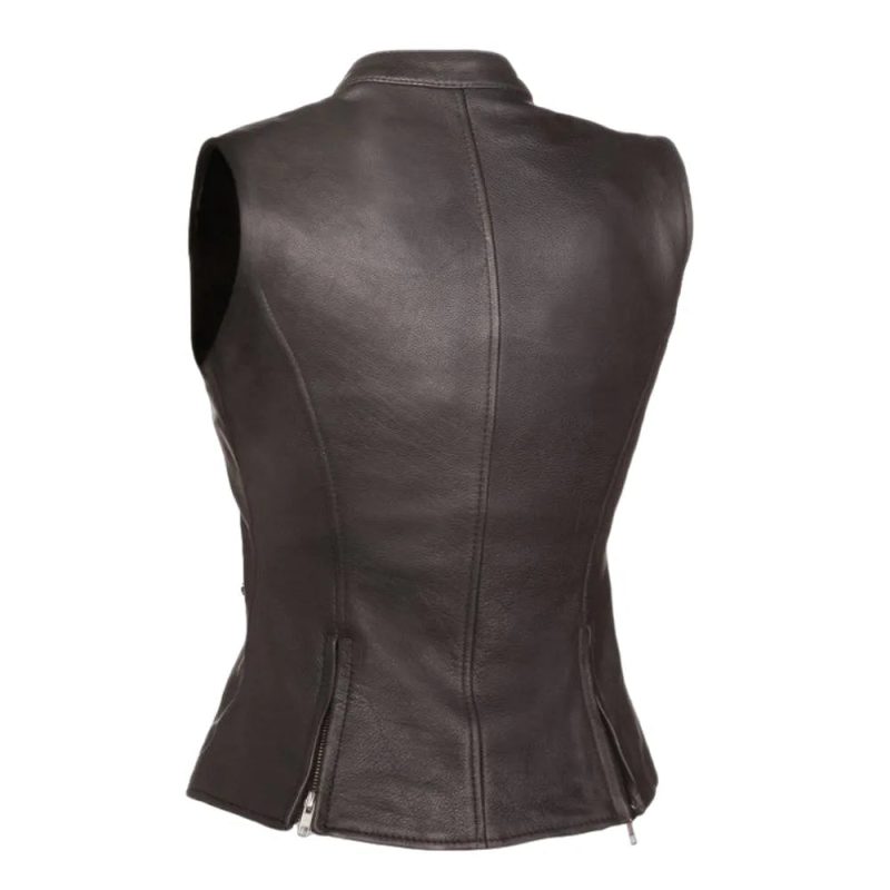 Womens Black Zip Up Leather Vest Back