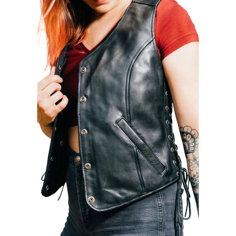 Womens Button Front Leather Vest Model