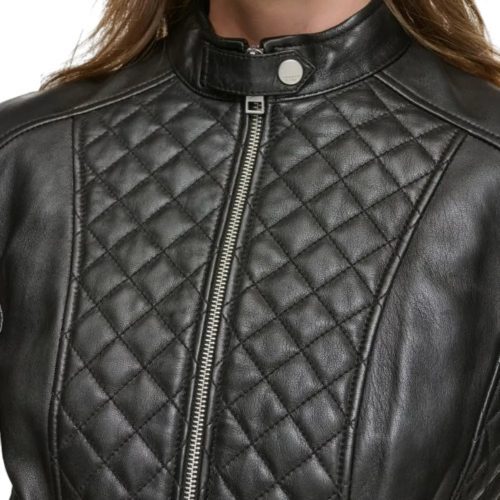 Womens Quilted Leather Moto Jacket Front