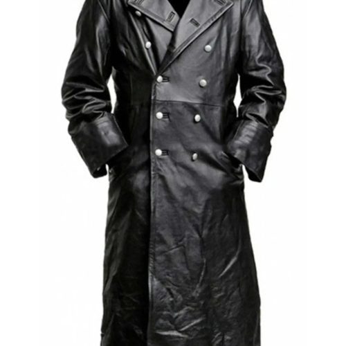 german officer leather trench coat black front