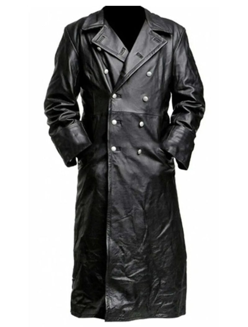 german officer leather trench coat black front